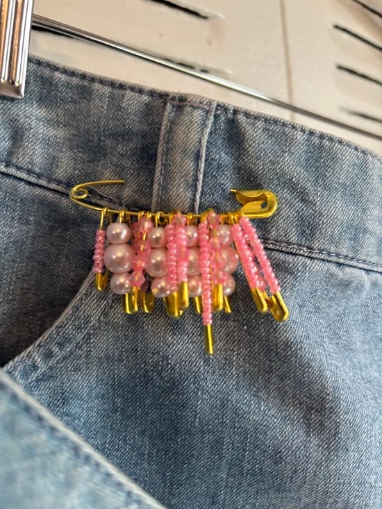 Upcycled Denim Mini Skirt Size 10 – Handmade Charm Details & Floral Bow🌸 - Picture 7 of 12